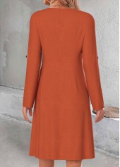 Button Terracotta A Line Long Sleeve V Neck Dress