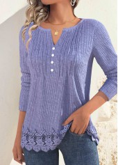 Embroidery Dusty Purple Long Sleeve Split Neck T Shirt