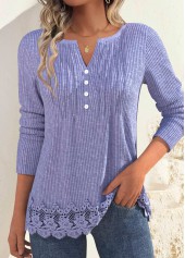 Embroidery Dusty Purple Long Sleeve Split Neck T Shirt