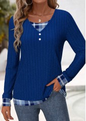 Plaid Button Blue Long Sleeve Fake Two Piece Twinset