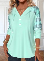 Plaid Patchwork Light Green Long Sleeve Hoodie