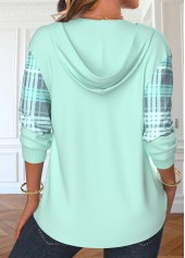 Plaid Patchwork Light Green Long Sleeve Hoodie