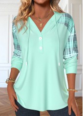 Plaid Patchwork Light Green Long Sleeve Hoodie