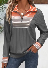 Striped Patchwork Orange Long Sleeve Turn Down Collar Sweatshirt