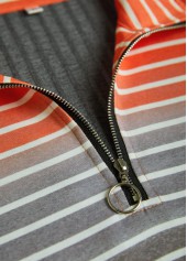 Striped Patchwork Orange Long Sleeve Turn Down Collar Sweatshirt