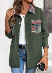 Tribal Print Corduroy Green Long Sleeve Coat