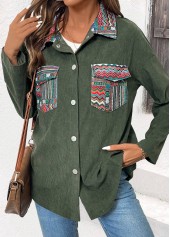 Tribal Print Corduroy Green Long Sleeve Coat