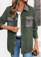 Tribal Print Corduroy Green Long Sleeve Coat