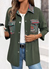 Tribal Print Corduroy Green Long Sleeve Coat