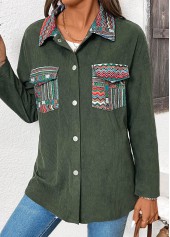 Tribal Print Corduroy Green Long Sleeve Coat