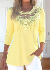 Patchwork Light Yellow Long Sleeve Round Neck T Shirt
