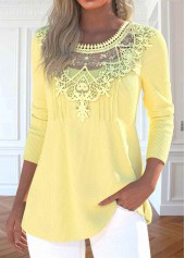 Patchwork Light Yellow Long Sleeve Round Neck T Shirt
