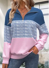 Striped Zipper Dusty Blue Long Sleeve Sweatshirt