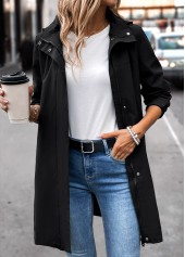 Removable Hood Black Long Sleeve Hooded Trench Coat