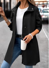 Removable Hood Black Long Sleeve Hooded Trench Coat