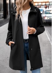 Removable Hood Black Long Sleeve Hooded Trench Coat