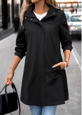 Removable Hood Black Long Sleeve Hooded Trench Coat