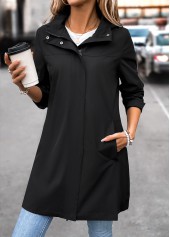 Removable Hood Black Long Sleeve Hooded Trench Coat