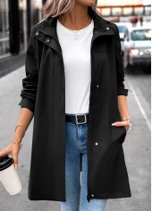 Removable Hood Black Long Sleeve Hooded Trench Coat