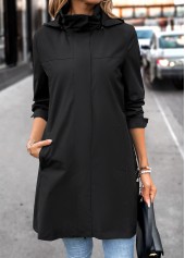 Removable Hood Black Long Sleeve Hooded Trench Coat