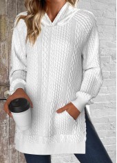 Pocket Split White Long Sleeve Hoodie