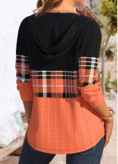 Plaid Patchwork Orange Long Sleeve Hoodie