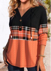 Plaid Patchwork Orange Long Sleeve Hoodie