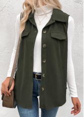 Patchwork Olive Green Sleeveless Shirt Collar Corduroy Waistcoat