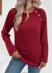 Button Wine Red Long Sleeve Round Neck T Shirt