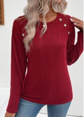 Button Wine Red Long Sleeve Round Neck T Shirt