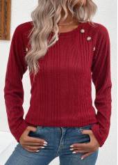 Button Wine Red Long Sleeve Round Neck T Shirt