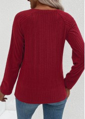 Button Wine Red Long Sleeve Round Neck T Shirt