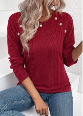 Button Wine Red Long Sleeve Round Neck T Shirt