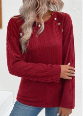 Button Wine Red Long Sleeve Round Neck T Shirt