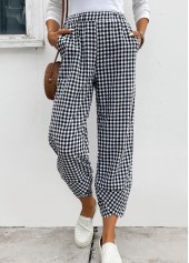 Black Elastic Waist High Waisted Plaid Pants