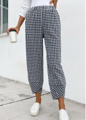 Black Elastic Waist High Waisted Plaid Pants