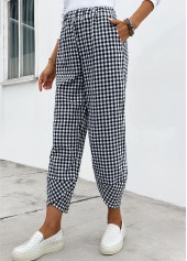 Black Elastic Waist High Waisted Plaid Pants