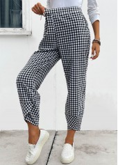 Black Elastic Waist High Waisted Plaid Pants