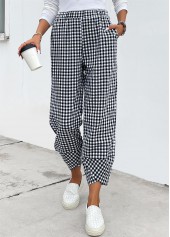 Black Elastic Waist High Waisted Plaid Pants