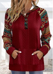 Tribal Print Patchwork Wine Red Long Sleeve Hoodie