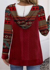 Tribal Print Patchwork Wine Red Long Sleeve Hoodie