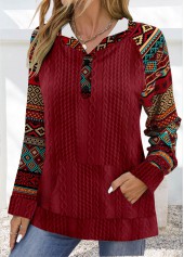 Tribal Print Patchwork Wine Red Long Sleeve Hoodie