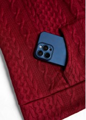 Tribal Print Patchwork Wine Red Long Sleeve Hoodie