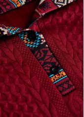 Tribal Print Patchwork Wine Red Long Sleeve Hoodie