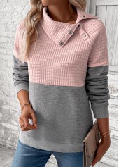 Patchwork Grey Long Sleeve Asymmetrical Neck Sweatshirt