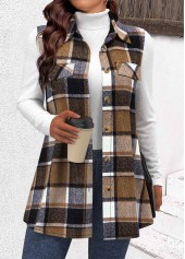 Plaid Patchwork Dark Camel Sleeveless Shirt Collar Waistcoat