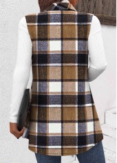 Plaid Patchwork Dark Camel Sleeveless Shirt Collar Waistcoat