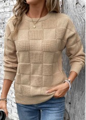 Patchwork Light Coffee Long Sleeve Round Neck Sweater