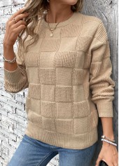 Patchwork Light Coffee Long Sleeve Round Neck Sweater