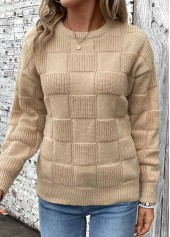 Patchwork Light Coffee Long Sleeve Round Neck Sweater